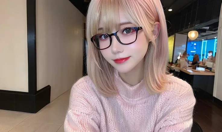 highest quality, shape, Very detailed, finely, High resolution, 8k wallpaper,, finelyて美しい目, Wearing a pale pink knit,Medium Hair,Natural color lip, smile、cute、Blonde、The background is the city、Upper Body、Long legs、Wearing glasses、22 years old