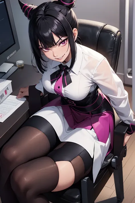 juri han,evil smile, work of art, tight white secretary shirt with black tie, black high waist skirt, short skirt, black hair, b...