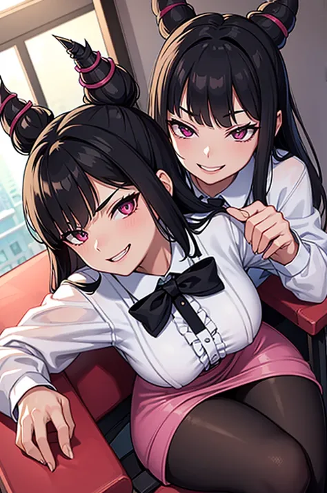 juri han,evil smile, work of art, tight white secretary shirt with black tie, black high waist skirt, short skirt, black hair, black tights, evil smile, office, bangs in the eyes, lighting, hair horn, vision of up, looking up, evil smile, sitting on an off...