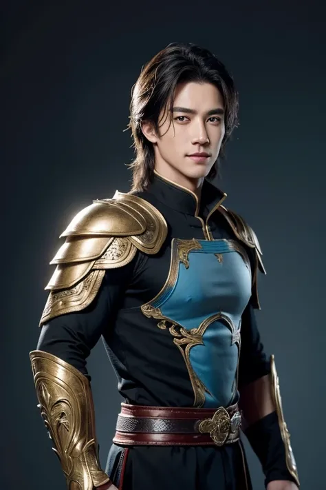 (best quality), (masterpiece), (high resolution), (intricate details:0.2), (professional lighting), simple background, chinese armor, off shoulder, (previous view), 1boy, solo, (handsome face:1.40), muscular body, fine skin, smile, long black hair, sky blu...