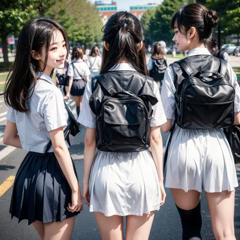 cute school girls,group photo,highly exposed,from behind,smiling,ass focus,