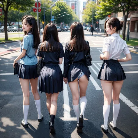 cute school girls,group photo,highly exposed,from behind,smiling,ass focus,