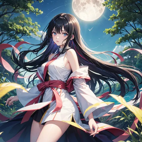 anime、Vibrant colors、Cool beauty、17 years old、Black Hair、Long Hair、Straight Hair、The bangs are cut above the eyebrows、Narrow eyes、Slanted Eyes、Bright eyes、Sharp Eyes、Sparkling eyes、Large Breasts、Night Sky、full moon、Looking up at the sky、Miko costume、summer...