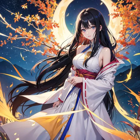 anime、Vibrant colors、Cool beauty、27 years old、Black Hair、Long Hair、Straight Hair、The bangs are cut above the eyebrows、Narrow eyes、Slanted Eyes、Bright eyes、Sharp Eyes、Sparkling eyes、Large Breasts、Night Sky、full moon、Looking up at the sky、Miko costume、summer...