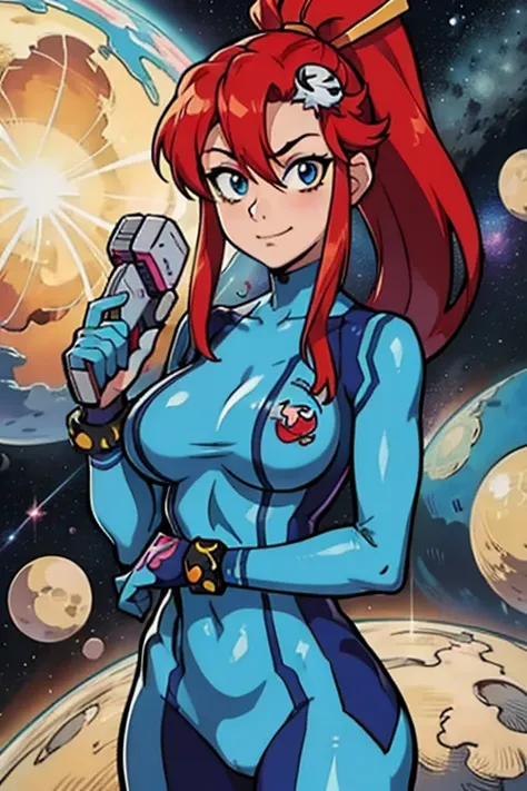 masterpiece, high quality, extremely detailed, 1girl, mature female, solo, Yoko Littner dressed up as Zero Suit Samus, large breasts, hair between eyes, hair ornament, high ponytail, long hair, red hair, sidelocks, skull hair ornament, zero suit, blue glov...