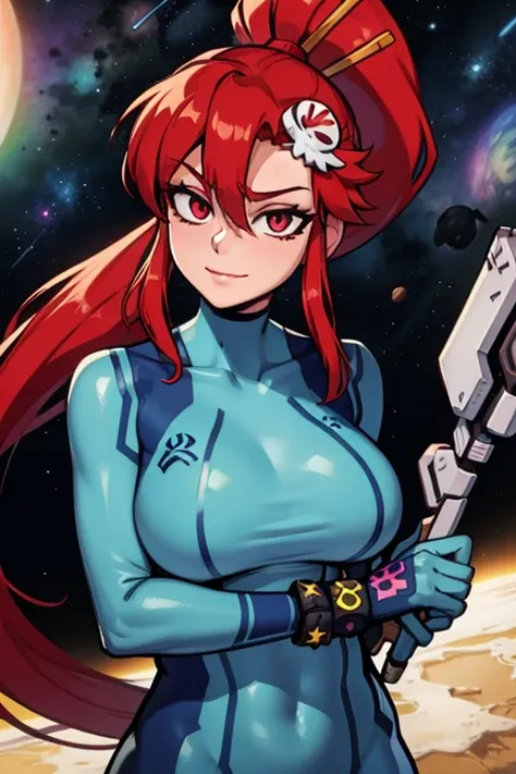 masterpiece, high quality, extremely detailed, 1girl, mature female, solo, Yoko Littner dressed up as Zero Suit Samus, large breasts, hair between eyes, hair ornament, high ponytail, long hair, red hair, sidelocks, skull hair ornament, zero suit, blue glov...