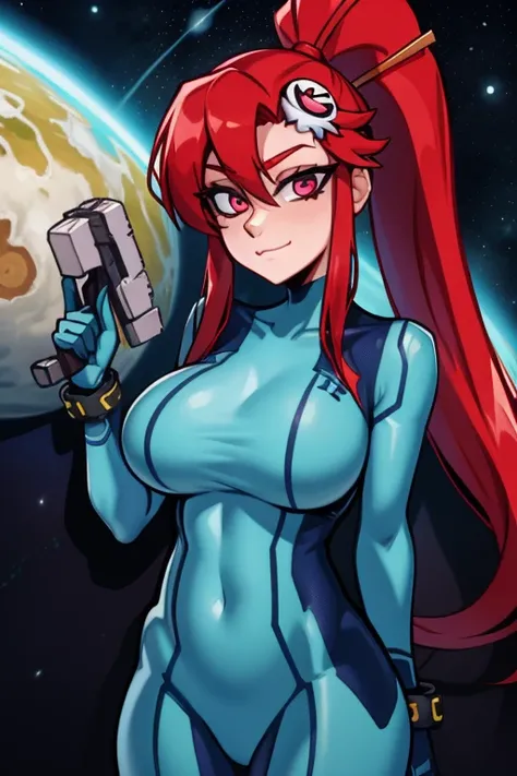 masterpiece, high quality, extremely detailed, 1girl, mature female, solo, Yoko Littner dressed up as Zero Suit Samus, large breasts, hair between eyes, hair ornament, high ponytail, long hair, red hair, sidelocks, skull hair ornament, zero suit, blue glov...