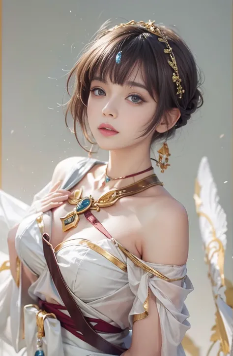 18-year-old, Close up portrait of woman in Ancient Greek clothing、Shoulders out、thin、Serious expression、Short-haired、Deadly position, Gorgeous Necklace, Light milky porcelain skin, Smooth, Translucent white skin, Enchanting anime girl, Beautiful and seduct...