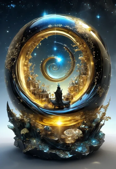 Liquid Metal, By Alexander Jansson and Jean Baptiste Monge and Mark Brooks || A beautiful liquid metal obsidian transparent crystal star, inside of it is a beautiful intricate glowing never-ending HUGE spiral SPIRALING golden portal made of stars constella...