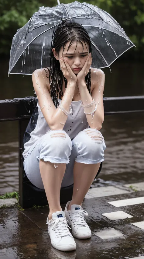 best image quality, masterpiece, super high resolution, (fidelity:1.4), photo, 1 girl, white shirt, torn jeans, white sneakers, ...