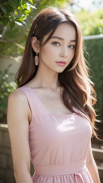 Gentle portrait of a beautiful Asian woman, flowing hair, captivating blue eyes, delicate features, radiant smile, natural makeup, elegantly dressed, ((Pink colour GRACE KARIN Boatneck Sleeveless Vintage Tea Dress)),  ( hair adornment、bow ribbon、frilld、sha...