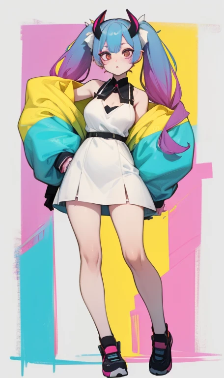 Female imp with rainbow pastel hair with two small pigtails on the side and the rest down , pale skin, pastel rainbow small horns located on the forehead, pastel rainbow puffy dress, large breasts, doll-like appearance 