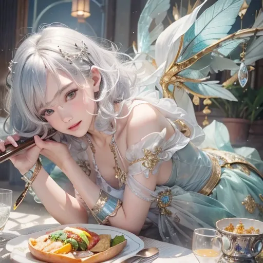 (masterpiece:1.3), (8k, Realistic, RAW Photos, Best image quality: 1.4), Fair-skinned fairy woman、short hair、Cleavage:2.0、Highly detailed face、Attention to detail、double eyelid、Sharp focus:1.2、Beautiful woman:1.4、Silvery white hair、highest quality、masterpi...