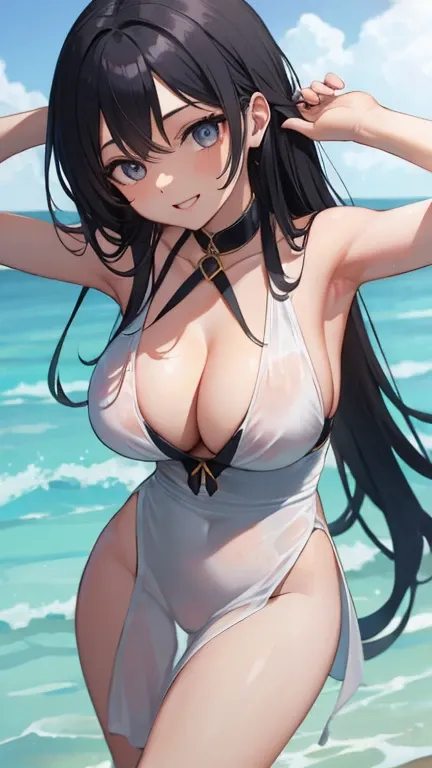 4K,Stylish summer dresses、Beautiful sandy beach (((Very large breasts)))、Written border、Dynamic pose、(Dark Eyes)、highest quality、(((Symmetrical eyes)))、20-year-old、smile、((Black Hair))