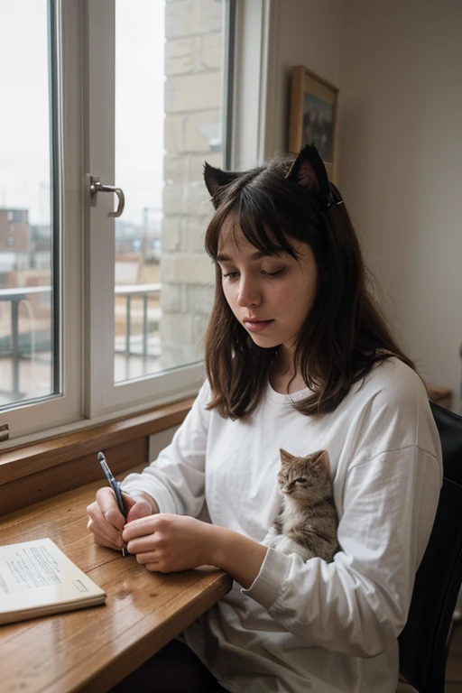 20 year old girl studying next to her window where there is a cat outside looking at her lofi style