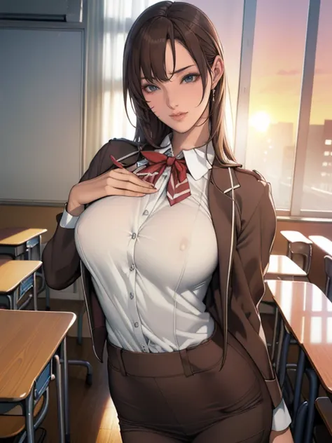 (8k,Photorealistic, masutepiece, Best Quality, Raw photo:1.3)、1girl in, 18years old,Solo,school girl, Long hair, Brown hair, Detailed beautiful face, alluring face, (Detailed beautiful brown eyes:1.2), medium breasts,(underboob:0.5),(coverd nipples:0.99),(...