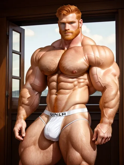 realistic, young, Ginger-haired male figure. rugged, big daddy, rippling chest, extraordinary attractive European (male model:1.5), (gorgeous:1.4), (handsome:1.5), (beautiful:1.7), (ginger:1.2), (skin realism:1.5), white underwear