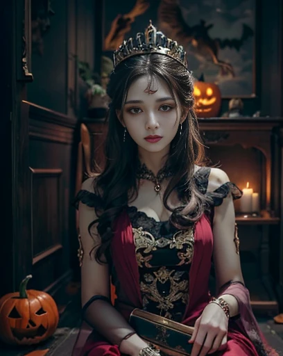 highest quality, masterpiece, Attention to detail, Intricate details, Realistic, Mysterious Halloween woman with bright expression, Spooky atmosphere、Photographic images、Crown makeup