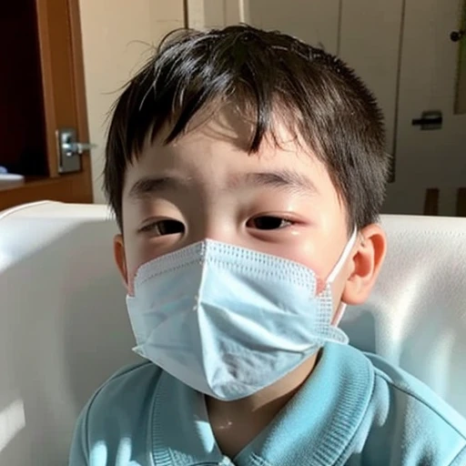 Handsome kindergarten boy with infectious disease、Appearance of suffering. He is wearing a white mask. He has a high fever. he is sleeping. He has a cough. He is exhausted. He is taking his temperature with a thermometer. He is dying. He is cooling his for...