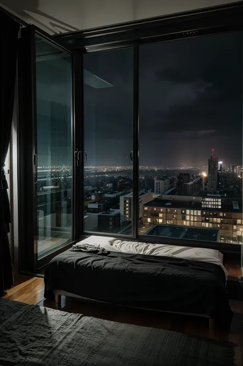 a beautiful cozy bedroom with big windows, rainy weather, night city view from window