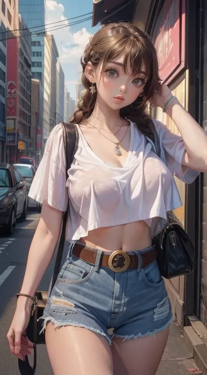 masterpiece, top quality,girl has sex with boy,young girl, Coffee eyes, pink, braided hairstyles,worried _face,shiny skin,big breasts,nice leg line:1.3,thick thighs, thin waist,, white_up button_shirt, denim_cut off, With strap_sandals, crossbody_bag, laye...