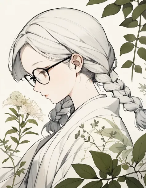 from side, close up face, Suminagashi, Herbarium drawing (girl with glasses and twin braids:1.3). Botanical accuracy, old botanical book illustration, detailed illustrations, pressed plants, delicate and precise linework, scientific documentation, meticulo...