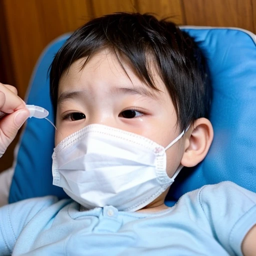 Handsome kindergarten boy with infectious disease、Appearance of suffering. He is wearing a white mask. He has a high fever. he is sleeping. He has a cough. He is exhausted. He is taking his temperature with a thermometer. He is dying. He is cooling his for...