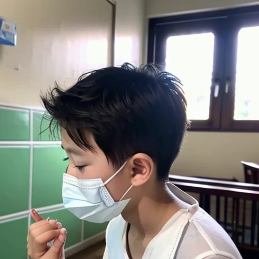 Handsome kindergarten boy with infectious disease、Appearance of suffering. He is wearing a white mask. He has a high fever. he is sleeping. He has a cough. He is exhausted. He is taking his temperature with a thermometer. He is dying. He is cooling his for...