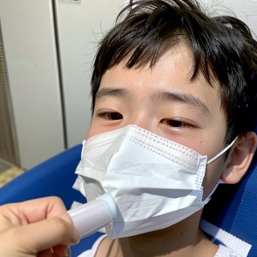 Handsome kindergarten boy with infectious disease、Appearance of suffering. He is wearing a white mask. He has a high fever. he is sleeping. He has a cough. He is exhausted. He is taking his temperature with a thermometer. He is dying. He is cooling his for...