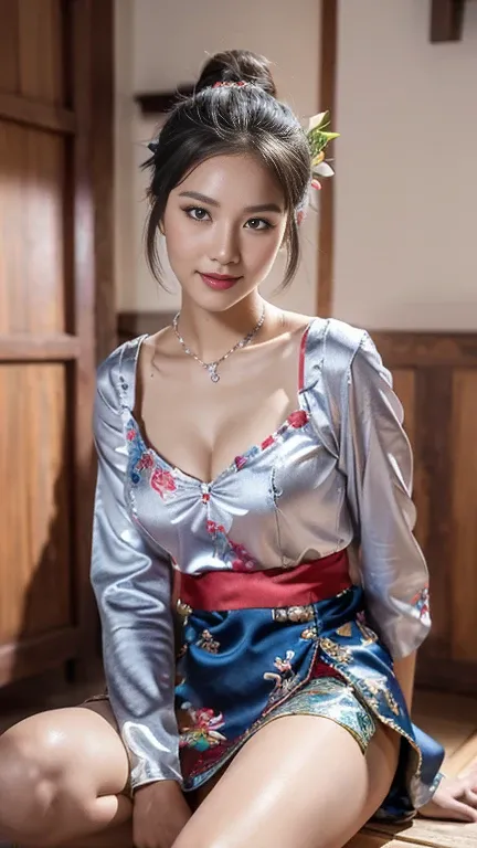 (8K resolution，Vista full body photo），（two women, sitting together, Detailed Face, front view, Look at the camera,duo,stroking,leering:1.4,20yr old,delicate face，Detailed face，Redlip，Fair smooth skin，（Classic Hmong costume：1.4，pink nipples, firm breast（Sat...