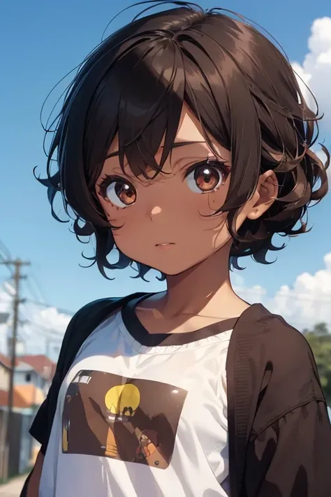 /(Boy),(anime),(dark brown skin color),(brown eyes),(child),(Brazilian nationality),(8 years old),(short curly hair Brazilian style)