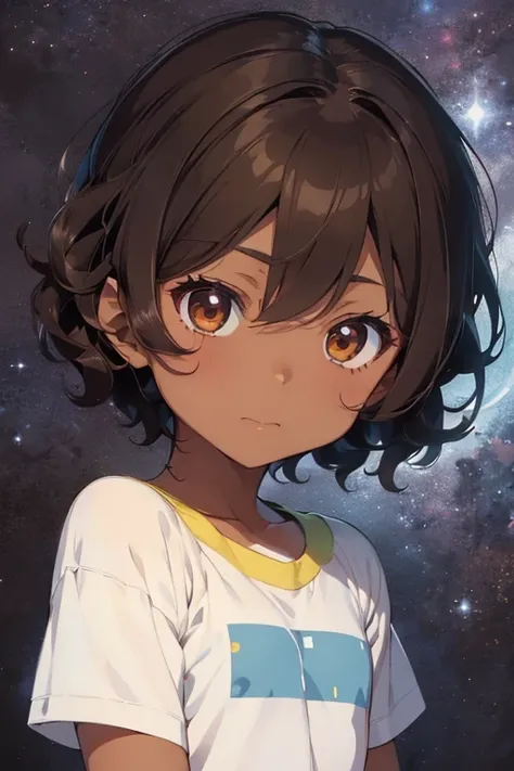 /(Boy),(anime),(dark brown skin color),(brown eyes),(child),(Brazilian nationality),(8 years old),(short curly hair Brazilian style),(Male gender 