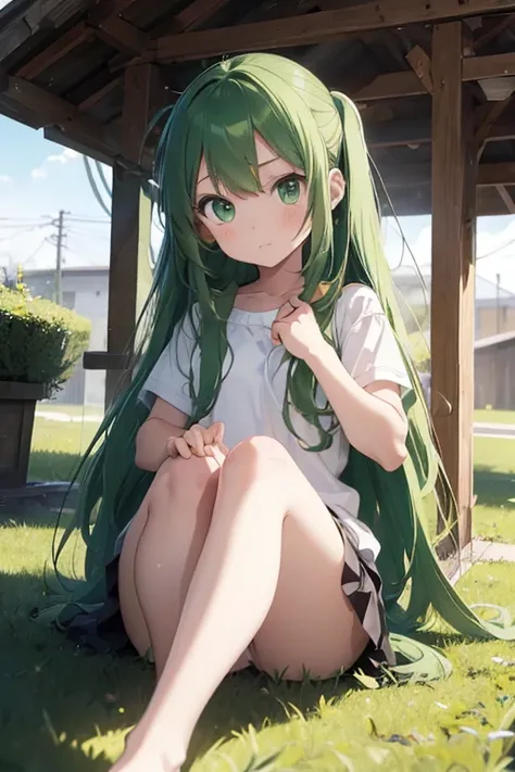 /(girl1),(anime),(White skin color),(Green eyes),(child),(8 years old),(long green hair)