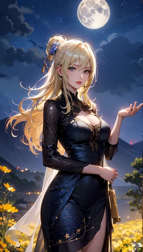 masterpiece, high quality, 4K, Beautiful design, silhouette，blonde， 非常に詳細な夜のStarry Sky,Flower Field， wonderful, Finer details,  Very knowledgeable woman, Highly detailed solo, 1 female,Big Breasts， dress，Night view，Starry Sky，full moon，