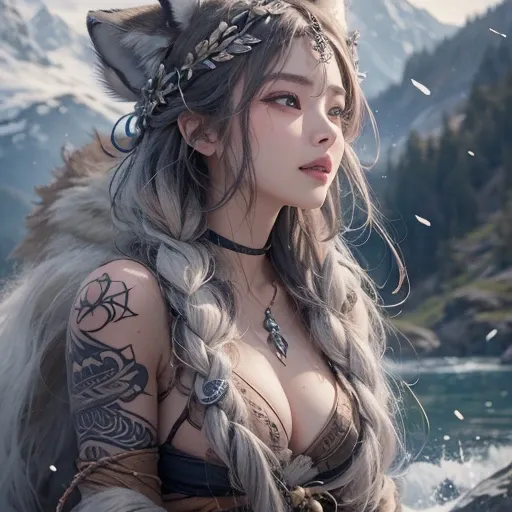 Lakeside surrounded by snowy mountains、Hair flow、 ((highest quality、masterpiece、8k、Best image quality、Ultra-high resolution、Award-winning works)、(Accurate anatomy:1.1)、(Look at me and smile:1.1)、Shining fair skin with Ultra-high resolution、The most detaile...