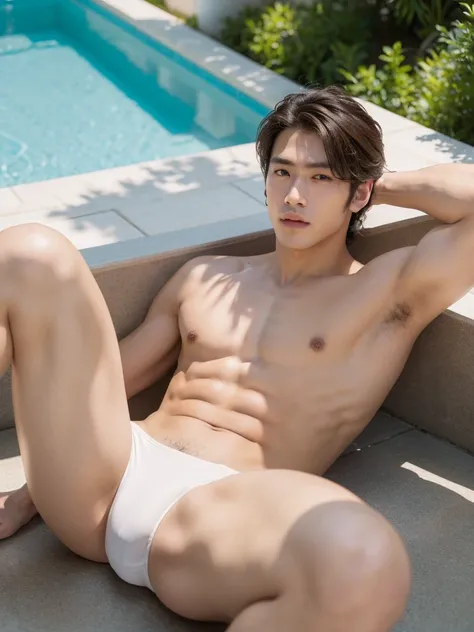 Masterpiece, Best Quality, 1 Asian Model Men, soft face, baby face, muscular, white skin, lifted arms, spread legs, sitting, sexy bikini, pool background, lying down, hard lighting on the body, Natural eyes, Short and delicate brown hair, Sexy Man, looking...