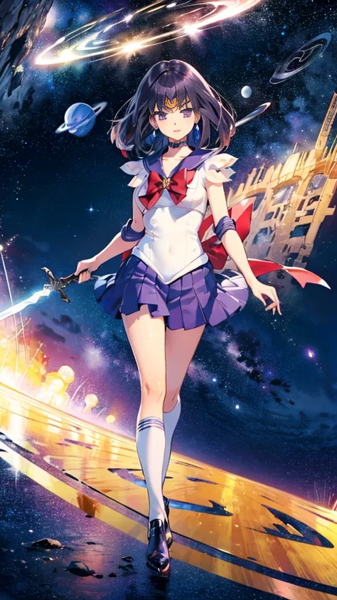 (full body),sailor saturn, purple sailor collar, sailor collar, sailor warrior uniform, gold tiara on forehead, tomoe hotaru, sp...