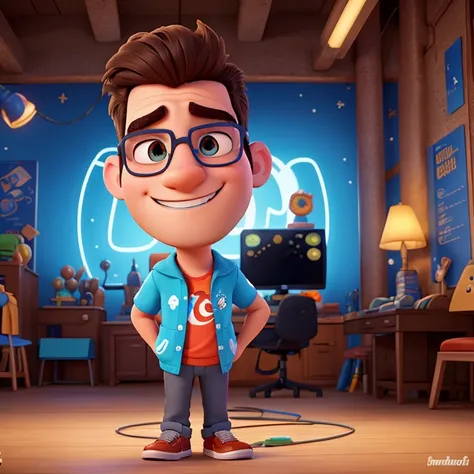 Create a Disney Pixar poster about an electronics, com o titulo " Energizar ". The character is a 20-year-old man who wears nerdy glasses. Ele tem uma camisa com gamer estampadas.