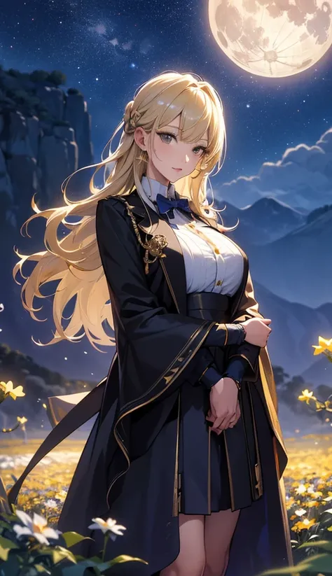 masterpiece, high quality, 4K, Beautiful design, silhouette，blonde， 非常に詳細な夜のStarry Sky,Flower Field， wonderful, Finer details,  Very knowledgeable woman, Highly detailed solo, 1 female,Big Breasts，uniform，Night view，Starry Sky，full moon，