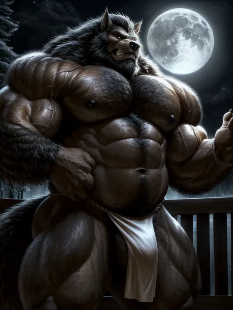 A burly, virile, and hairy werewolf with distinct wolf ears and a bushy tail, standing tall and proud against a full moonlit sky. His fur is thick and majestic, framing a powerful physique that is overmuscular and musclebound to the extreme. His broad shou...