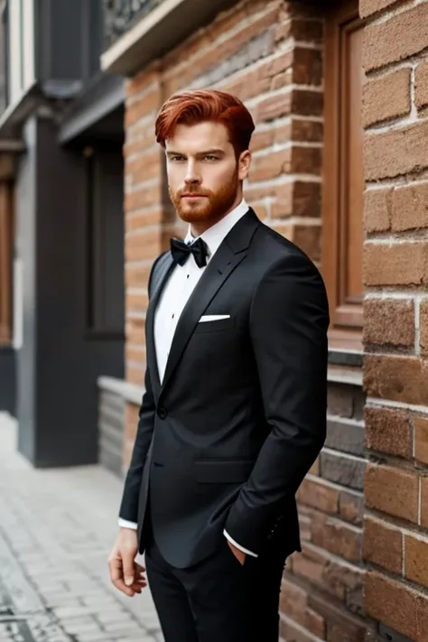 An incredibly realistic depiction of a handsome red-haired man of about 18, com um extremamente curto, corte de cabelo Vermelho, uma tez clara, a slender construction, e sem barba olhos verdes. He exudes charm and sophistication in his impeccable black thr...