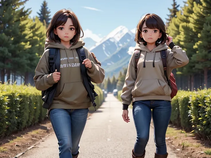 masterpiece; Style: daily; necessary background: Nature of Russia, middle lane, random landscape; обязательный Style одежды: sweatshirt, jeans, hiking boots, fingerless gloves, backpack; Characters: 1 guy and 1 girl (absolute similarity(twins)) Brother and...