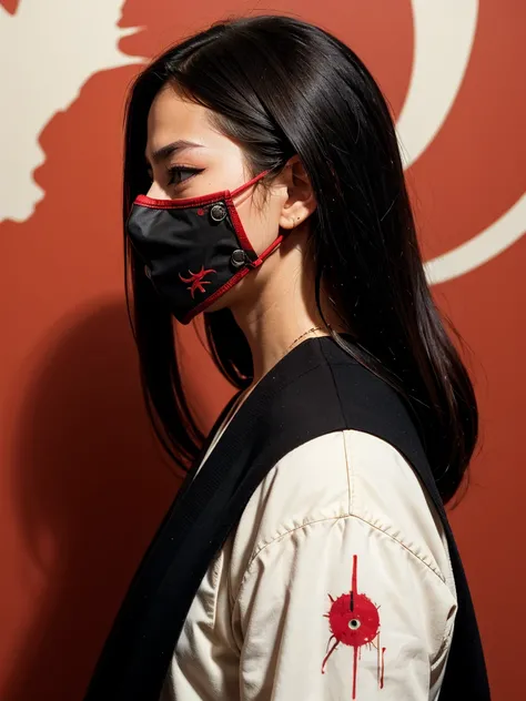 samurai, cyberpunk theme, two-tone, black hair, side view, from side, monochrome, red theme, white theme, shadowed face, shiny eye, red eyes, smoke, masked, hidden face, samurai armor, cowboy shot, red katana, red blood stain, standing, red background, pai...