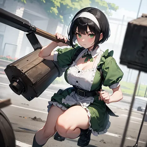 Black Hair、White headband、Grey-green eyes、Short bob cut、Green maid outfit with open chest、18-year-old girl、hammer weapon, Hit the ground with a hammer、Hit the ground with a hammer、Breaking ground outside lake