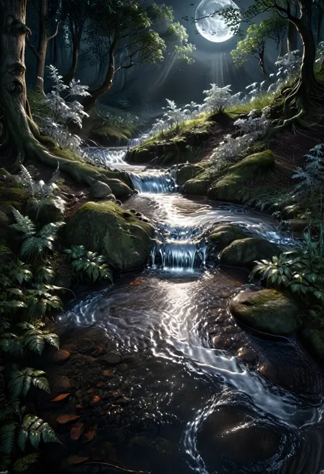 In the depths of a dark forest, a small stream made of liquid metal flows quietly, with moonlight falling on it, causing the flowing silver waves to shimmer with a mysterious and cold radiance. The stream seems to contain ancient wisdom, guiding lost trave...