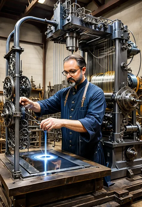 In a magical workshop, a wizard controls a complex machine made of (liquid metal:1.4) - the Dream Weaving Machine. The liquid metal wire on the machine weaves freely in the air, and with each completed pattern, it creates a wonderful world in the dreams of...