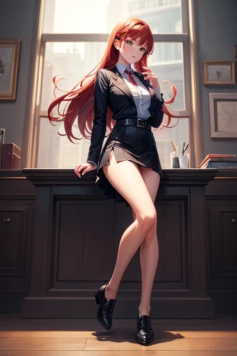 Full body drawing, (masterpiece), (best quality), (hyperdetail), (illustration))), (1 girl: 1.5), (solo: 1.2), (prefects body), full body drawing, secretary outfit, mini skirt, redhead