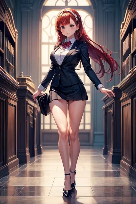 Full body drawing, (masterpiece), (best quality), (hyperdetail), (illustration))), (1 girl: 1.5), (solo: 1.2), (prefects body), full body drawing, secretary outfit, mini skirt, redhead