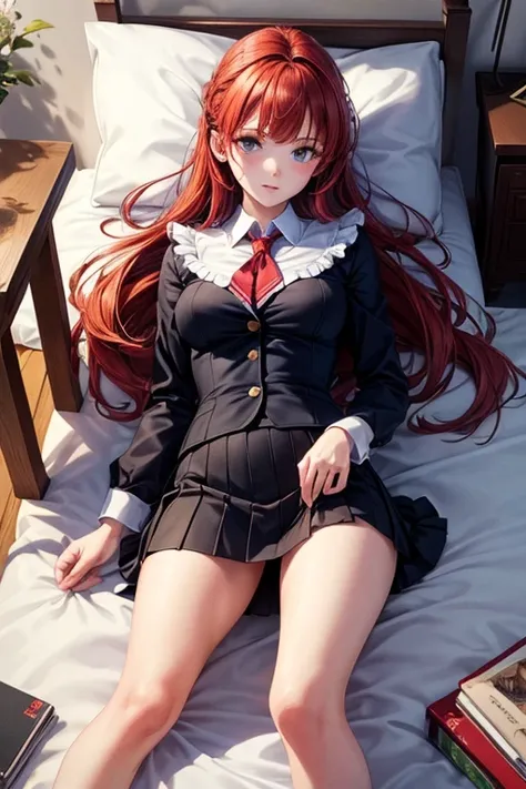 Full body drawing, (masterpiece), (best quality), (hyperdetail), (illustration))), (1 girl: 1.5), (solo: 1.2), (prefects body), full body drawing, secretary outfit, mini skirt, redhead, Lying in bed