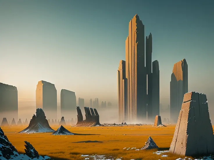 a close up of a field with a bunch of tall buildings, alien tundra, yellow fog, giant grave structures, barren wasteland, cityscape ruins in the distance, jagged blocks of stone, barren landscape, desolated wasteland, giant tomb structures, stone colossus ...